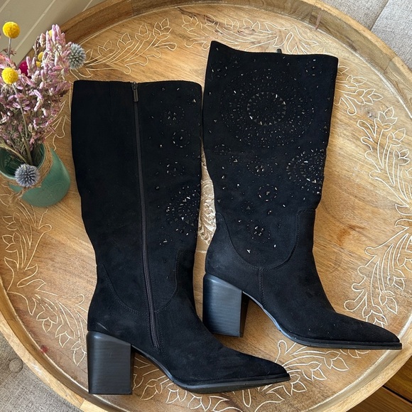 Black Suede Embellished Knee-High Boots size 10 New with Box - Picture 1 of 16